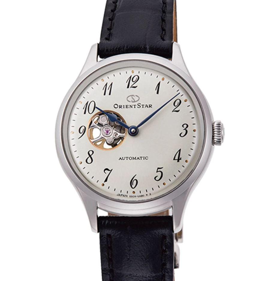 ORIENT Ladies&#39; Star Open Heart Automatic Black Leather Strap Watch RE-ND0007S00B