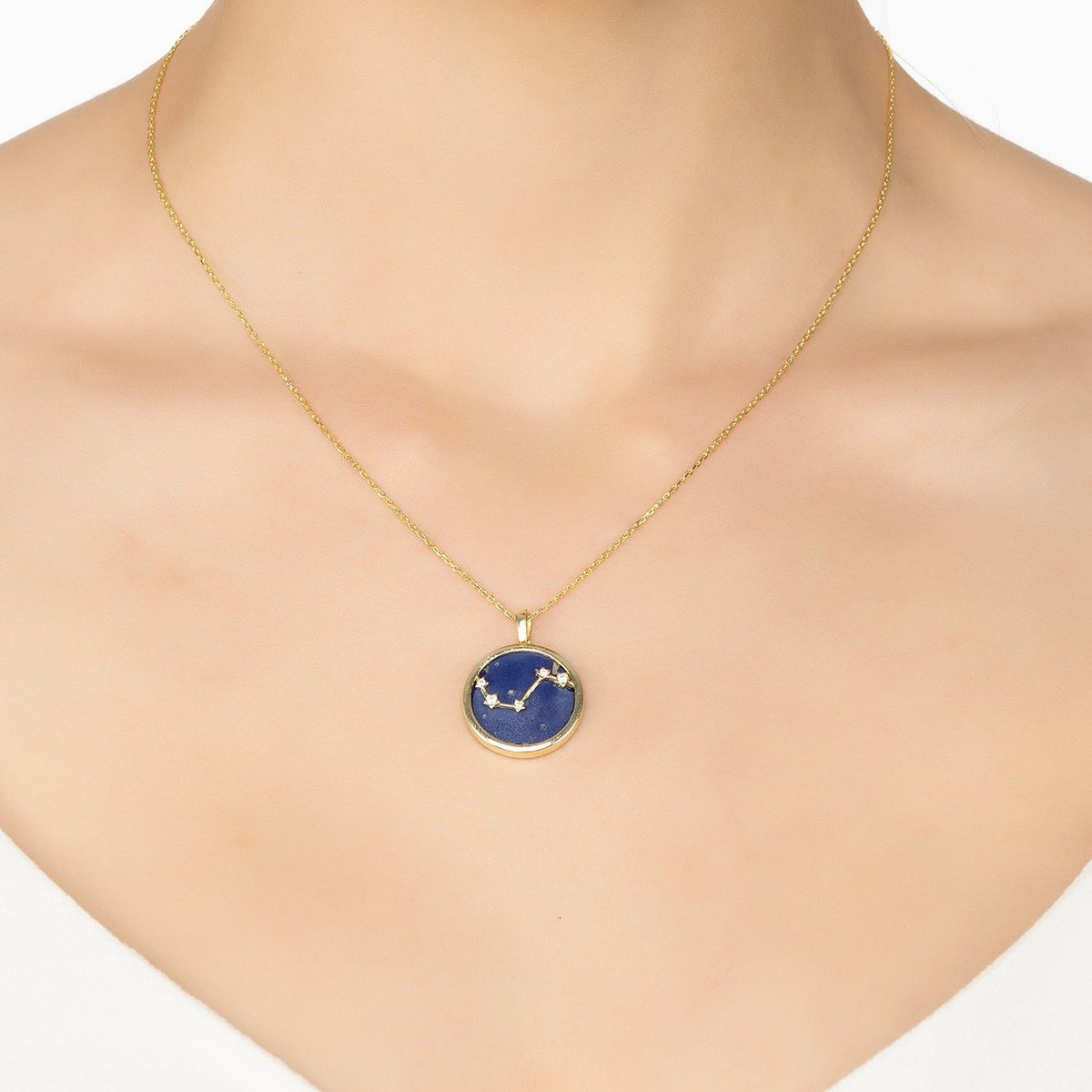 Zodiac Lapis Lazuli Gemstone Star Constellation Pendant Necklace Gold Aries