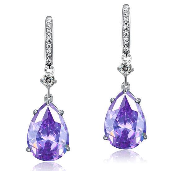 Purple Pear Created Sapphire 925 Sterling Silver Dangle Hook Earrings MXFE8111