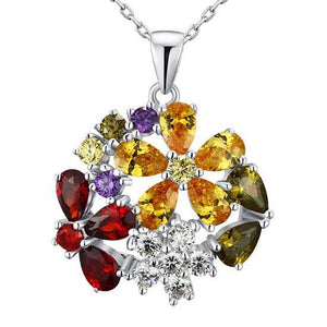 3.5 Carat Multi-Color Created Topaz Flower 925 Sterling Silver Pendant NecklaceMXFN8015
