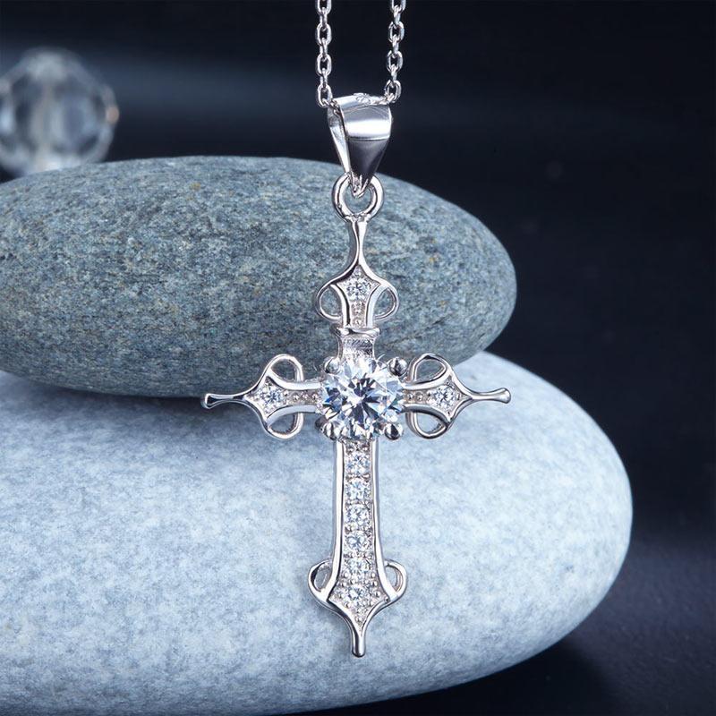 925 Sterling Silver Cross Pendant Necklace Round Cut Created Zirconia Jewelry MXFN8027