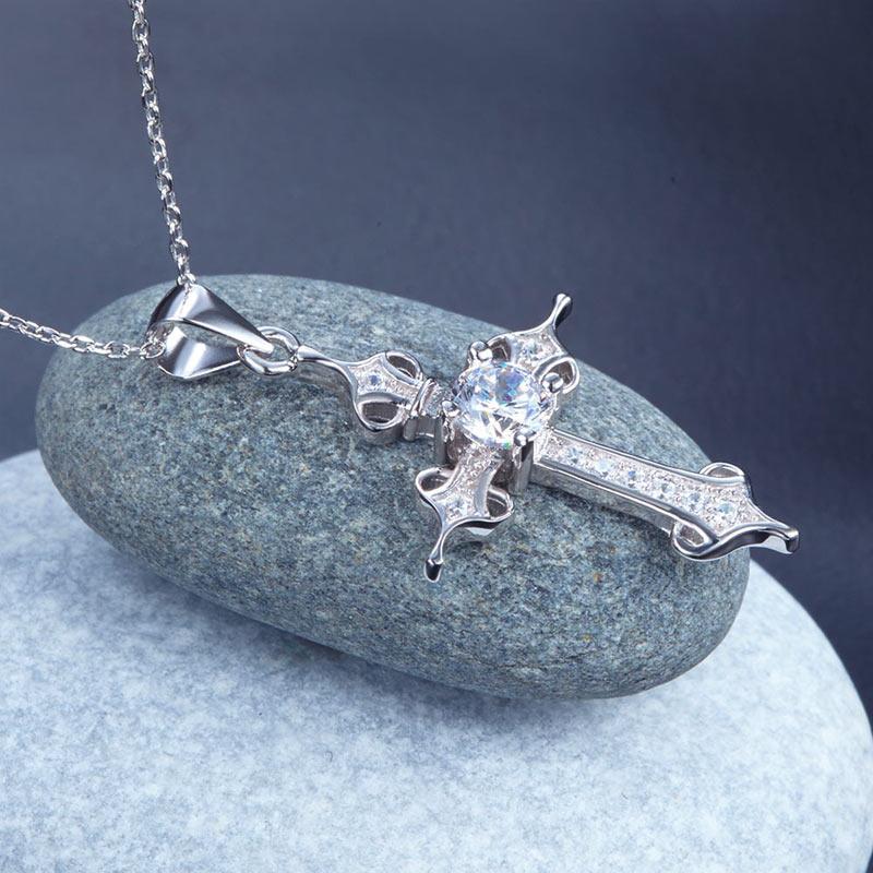 925 Sterling Silver Cross Pendant Necklace Round Cut Created Zirconia Jewelry MXFN8027
