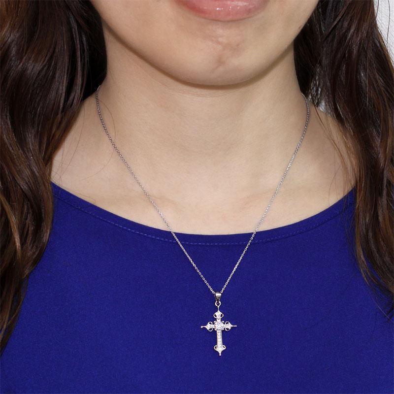 925 Sterling Silver Cross Pendant Necklace Round Cut Created Zirconia Jewelry MXFN8027