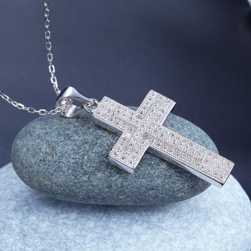 Micro Setting Cubic Zirconia 925 Sterling Silver Cross Pendant Necklace MXFN8039