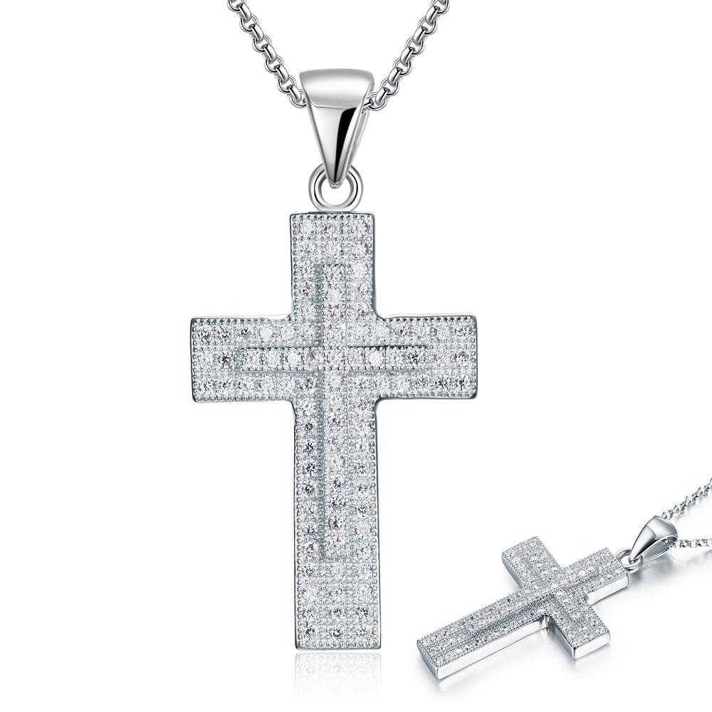 Micro Setting Cubic Zirconia 925 Sterling Silver Cross Pendant Necklace MXFN8039