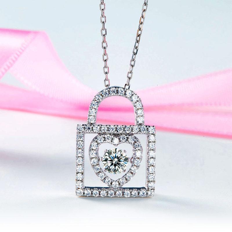 Heart Lock Dancing Stone Pendant Necklace 925 Sterling Silver MXFN8075