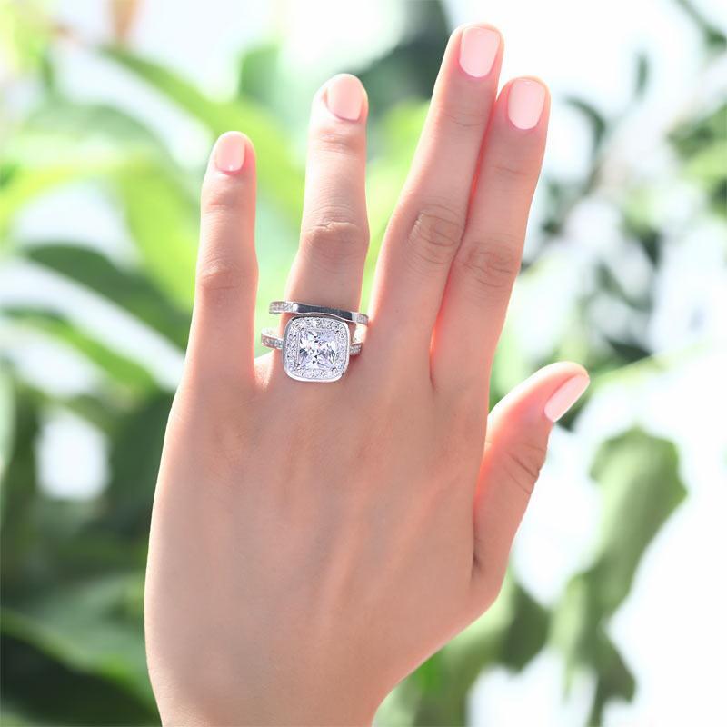 Vintage Style 2 Carat Created Zirconia Solid Sterling 925 Silver 2-Pc Bridal Wedding Engagement Ring Set MJXFR8095