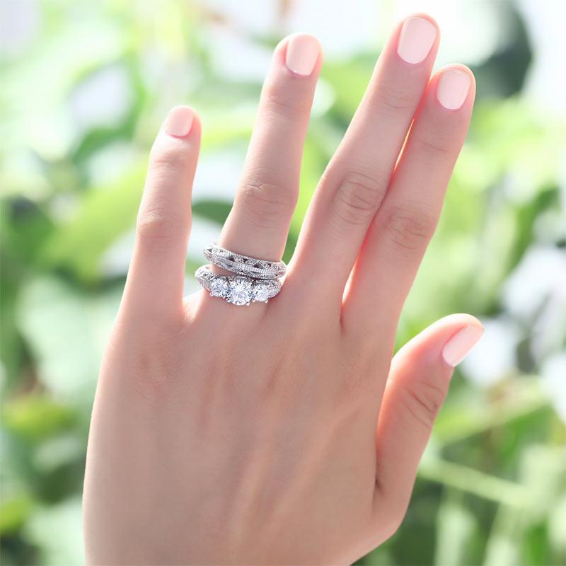 Vintage Style Victorian Art Deco 1.5 Carat CZ Created Zirconia Solid Sterling 925 Silver 2-Pcs Wedding Engagement Ring Set MXFR8100