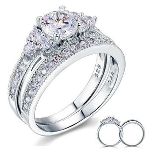 Vintage Style 1 Carat Created Zirconia Solid Sterling 925 Silver 2-Pc Wedding Engagement Ring Set MXFR8102