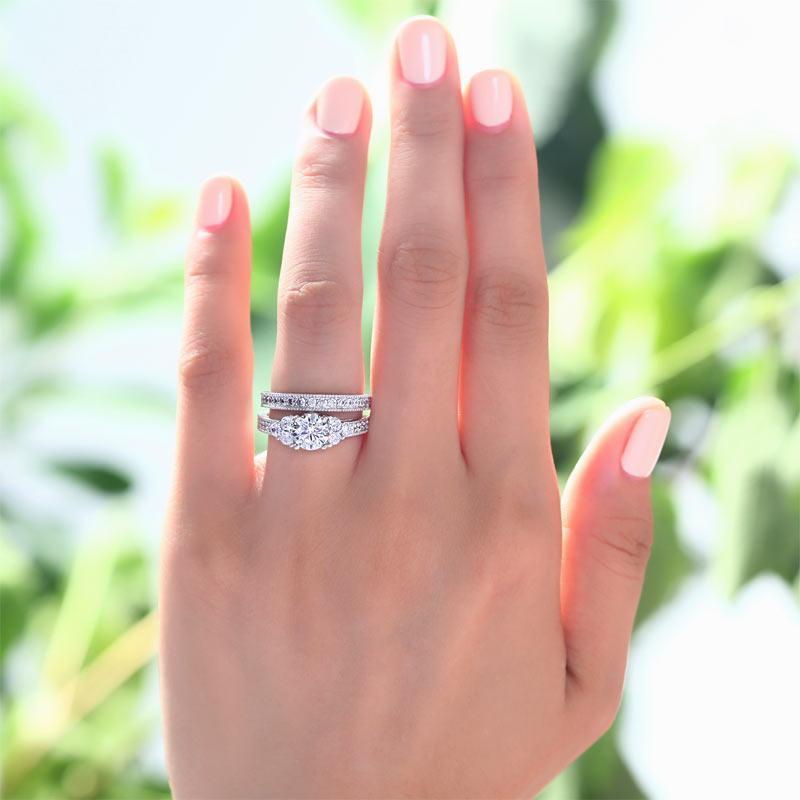 Vintage Style 1 Carat Created Zirconia Solid Sterling 925 Silver 2-Pc Wedding Engagement Ring Set MXFR8102