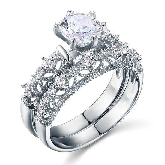 Vintage Style Victorian Art Deco 1.25 Carat Created Zirconia Solid Sterling 925 Silver 2-Pcs Wedding Engagement Ring Set MXFR8103