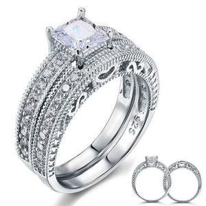 Vintage Style Victorian Art Deco 1 Carat CZ Created Zirconia Solid Sterling 925 Silver 2-Pc Wedding Engagement Ring Set MXFR8104