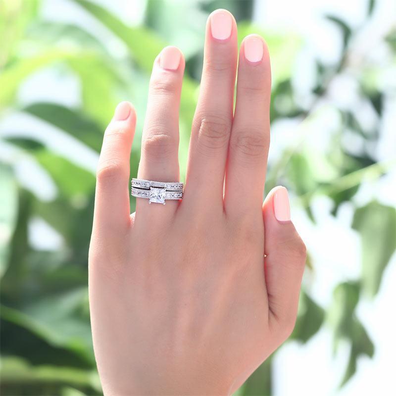 Vintage Style Victorian Art Deco 1 Carat CZ Created Zirconia Solid Sterling 925 Silver 2-Pc Wedding Engagement Ring Set MXFR8104