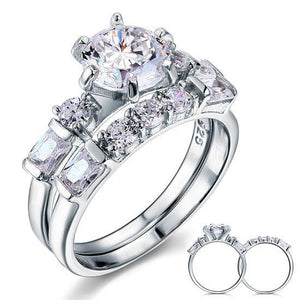 Vintage Style 2 Carat Created Zirconia Solid Sterling 925 Silver 2-Pc Wedding Engagement Ring Set MXFR8105