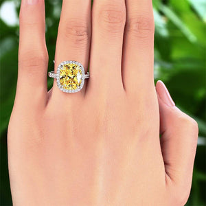 Solid 925 Sterling Silver Luxury Engagement Ring 6 ct Cushion Cut Yellow Canary Created Diamante Jewelry MXFR8151