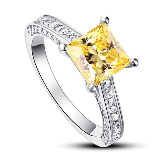 1.5 Carat Princess Cut Yellow Canary Created Zirconia 925 Sterling Silver Wedding Engagement Ring MXFR8194