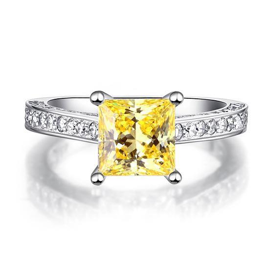 1.5 Carat Princess Cut Yellow Canary Created Zirconia 925 Sterling Silver Wedding Engagement Ring MXFR8194