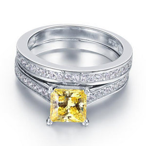 1.5 Ct Princess Cut Yellow Canary Solid 925 Sterling Silver 2-Pcs Wedding Ring Set MXFR8194S