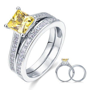 1.5 Ct Princess Cut Yellow Canary Solid 925 Sterling Silver 2-Pcs Wedding Ring Set MXFR8194S