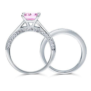 1.5 Carat Princess Cut 2-Pc Fancy Pink Created Zirconia 925 Sterling Silver Wedding Engagement Ring Set MXFR8195S