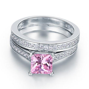 1.5 Carat Princess Cut 2-Pc Fancy Pink Created Zirconia 925 Sterling Silver Wedding Engagement Ring Set MXFR8195S