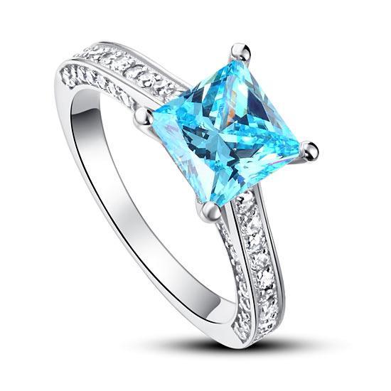 1.5 Carat Princess Cut Fancy Blue Created Zirconia 925 Sterling Silver Wedding Engagement Ring MXFR8196