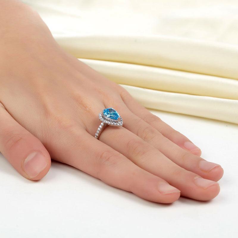 Sterling 925 Silver Wedding Engagement Ring Pear Blue Created Zirconia Jewelry MXFR8202