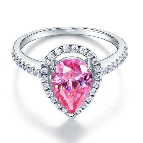 Sterling 925 Silver Wedding Engagement Ring Pear Fancy Pink Created Zirconia Jewelry MXFR8203