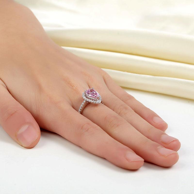 Sterling 925 Silver Wedding Engagement Ring Pear Fancy Pink Created Zirconia Jewelry MXFR8203