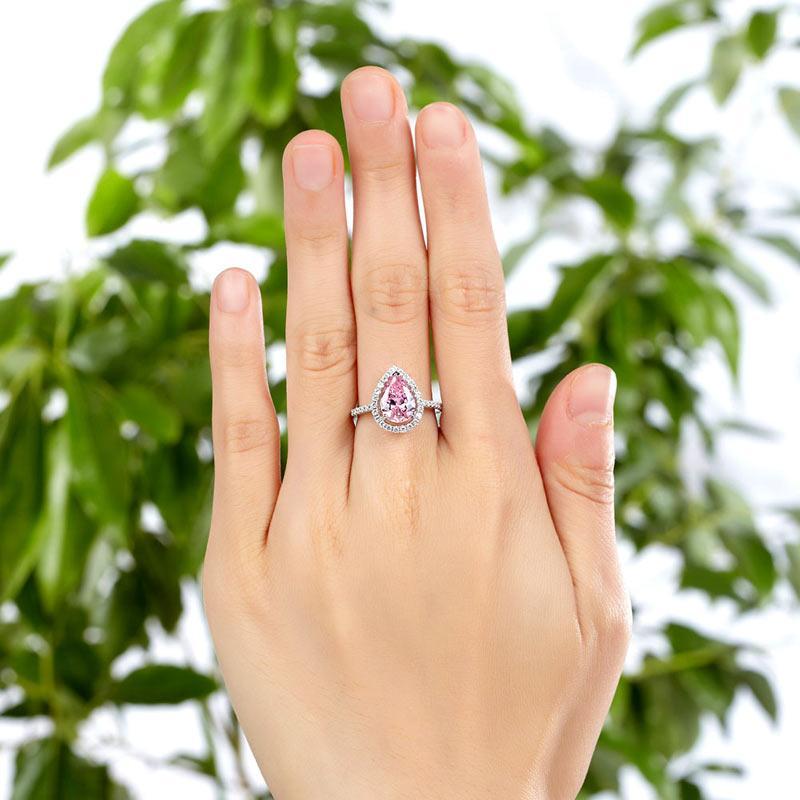 Sterling 925 Silver Wedding Engagement Ring Pear Fancy Pink Created Zirconia Jewelry MXFR8203