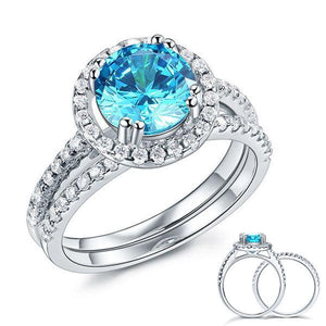925 Sterling Silver Wedding Engagement Halo Ring Set 2 Carat Blue Created Zirconia MXFR8219
