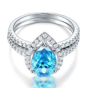 Sterling 925 Silver Bridal Wedding Engagement Ring Set 2 Carat Pear Fancy Blue Created Zirconia JewelryMXFR8222