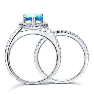 Sterling 925 Silver Bridal Wedding Engagement Ring Set 2 Carat Pear Fancy Blue Created Zirconia JewelryMXFR8222