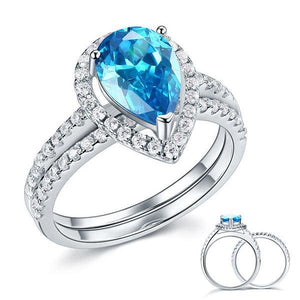 Sterling 925 Silver Bridal Wedding Engagement Ring Set 2 Carat Pear Fancy Blue Created Zirconia JewelryMXFR8222