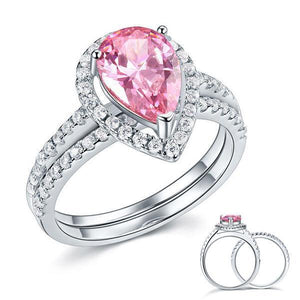 Sterling 925 Silver Bridal Wedding Engagement Ring Set 2 Carat Pear Fancy Pink Created Zirconia Jewelry MXFR8223