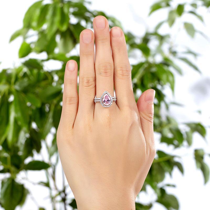 Sterling 925 Silver Bridal Wedding Engagement Ring Set 2 Carat Pear Fancy Pink Created Zirconia Jewelry MXFR8223