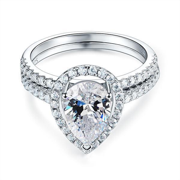 Solid Sterling 925 Silver Bridal Wedding Promise Engagement Ring Set 2 Ct Pear Jewelry MXFR8224