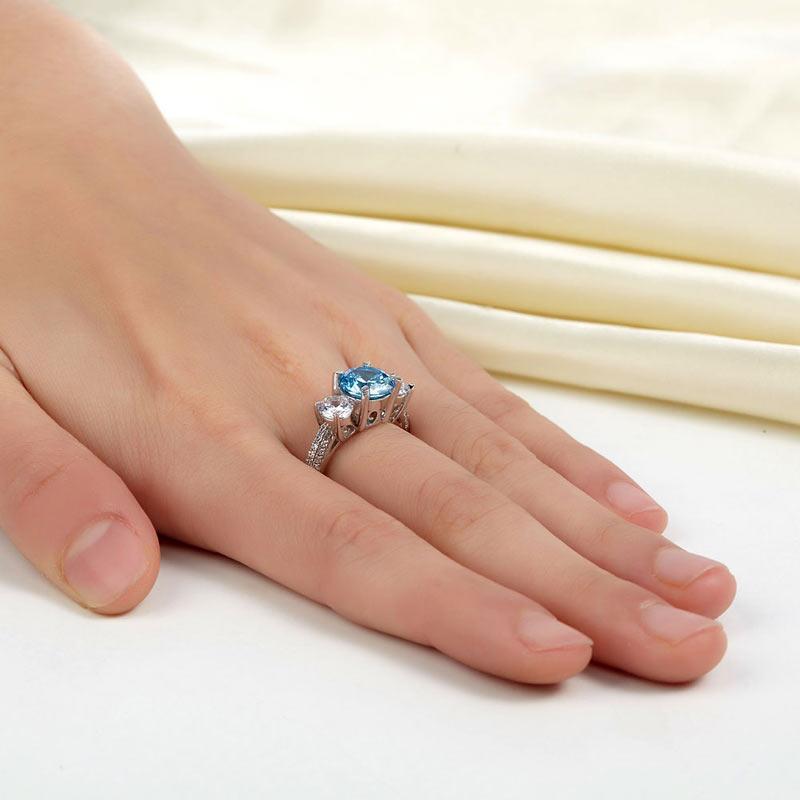 925 Sterling Silver 3-Stone Bridal Ring 2 Carat Created Blue Diamond Vintage Style Jewelry MXFR8226