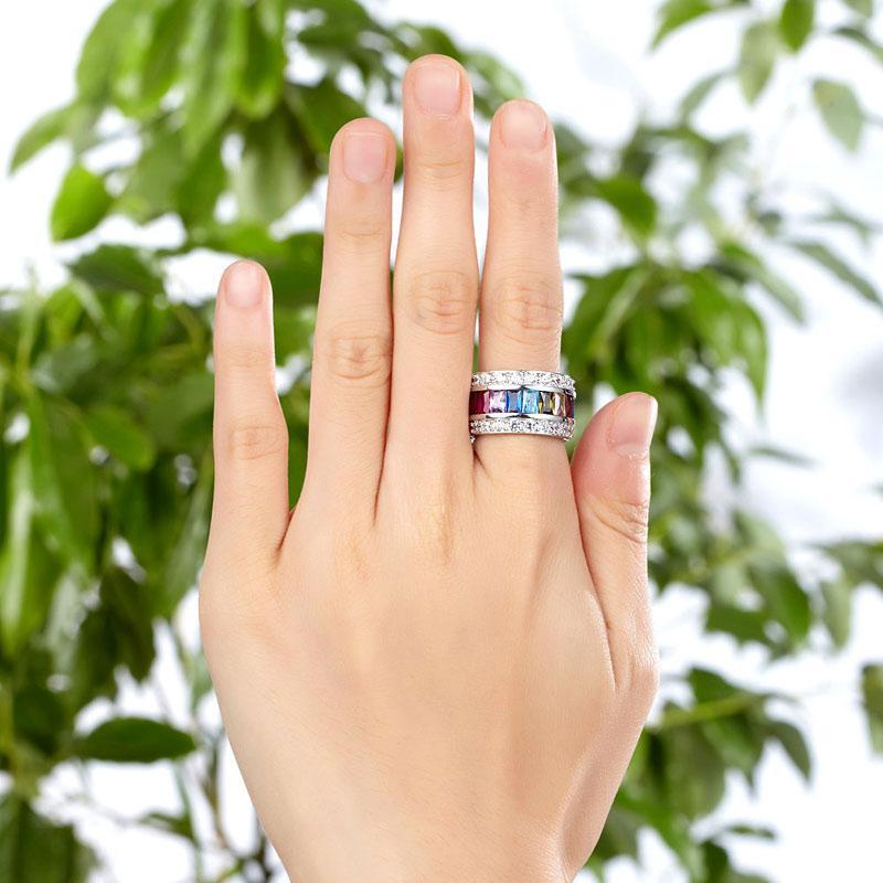 Multi-Color Created Topaz Band Wedding Anniversary 925 Sterling Silver Ring MXFR8241