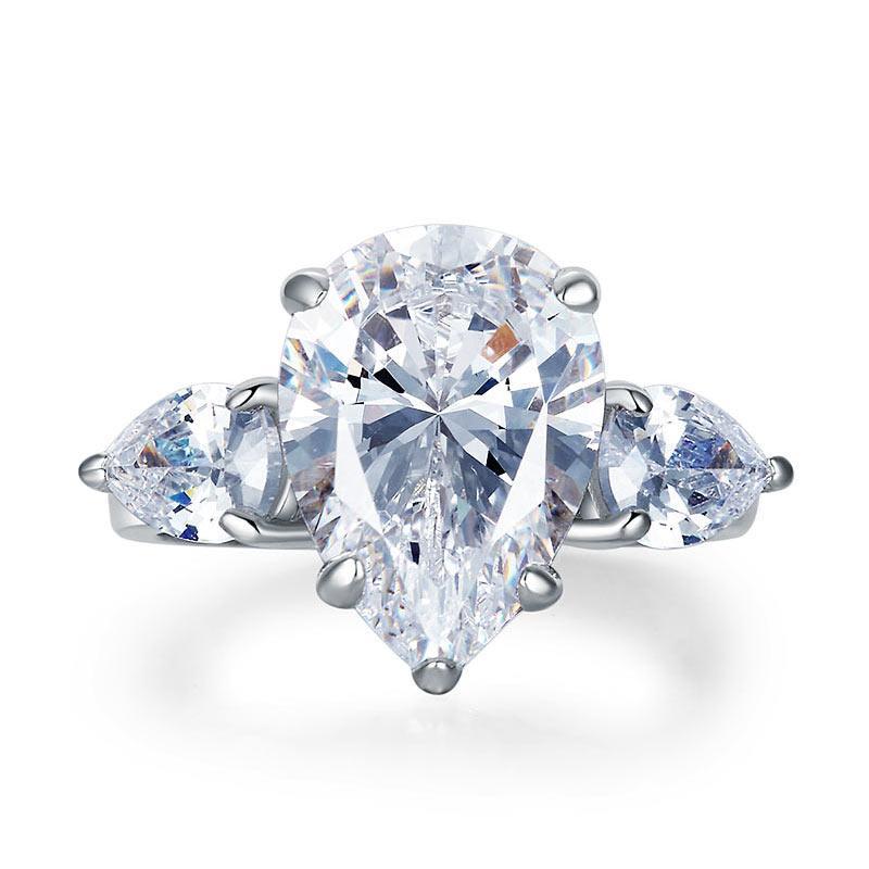 Pear Cut 4 Carat Solid 925 Sterling Silver Ring Three-Stone Pageant Luxury Jewelry MXFR8308