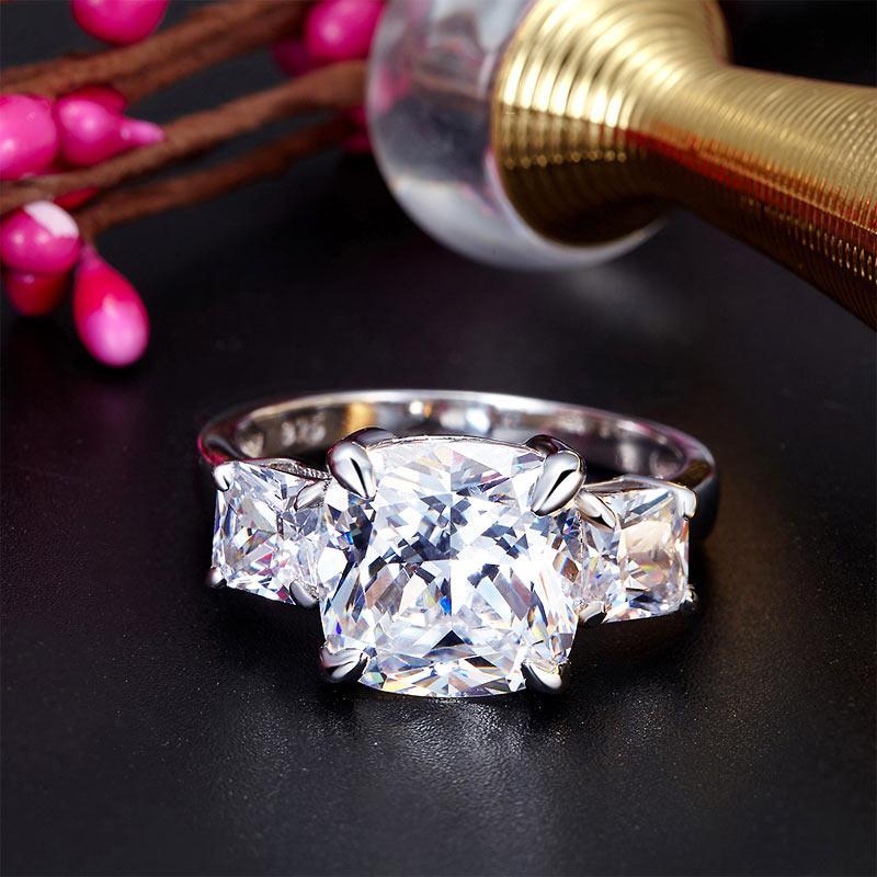 Cushion Cut 4 Carat Solid 925 Sterling Silver Ring Three-Stone Pageant Luxury Jewelry MXFR8309