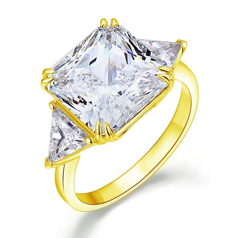 Solid 925 Sterling Silver Three-Stone Luxury Ring Anniversary 8 Carat Created Zirconia Yellow Gold Plated MJXFR8328