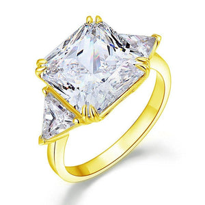 Solid 925 Sterling Silver Three-Stone Luxury Ring Anniversary 8 Carat Created Zirconia Yellow Gold Plated MJXFR8328
