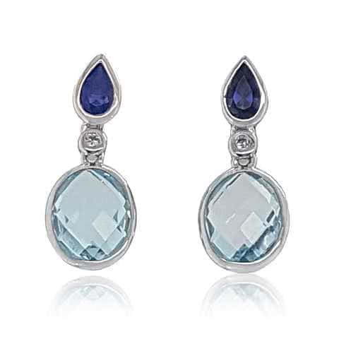 9K Blue Iolite Bezel Set Blue Topaz Drop Earrings 9x7mm