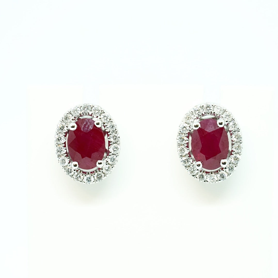 18K White Gold Two Ruby and Diamond Halo Earrings