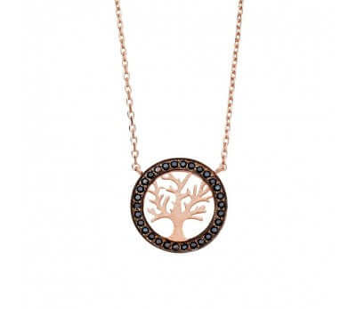 Sterling Silver Rose Gold Plated Tree of Life Black CZ N138