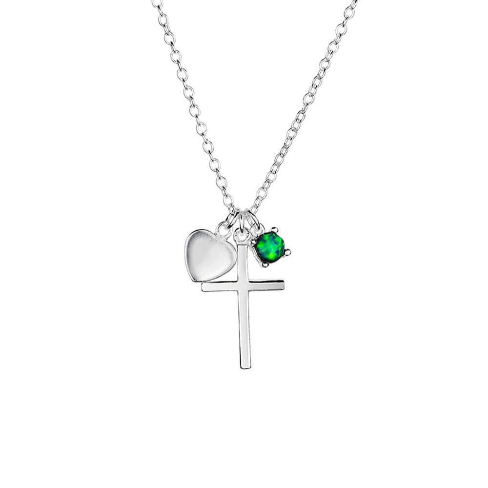 Sterling Silver Heart Cross Opal Set Necklace