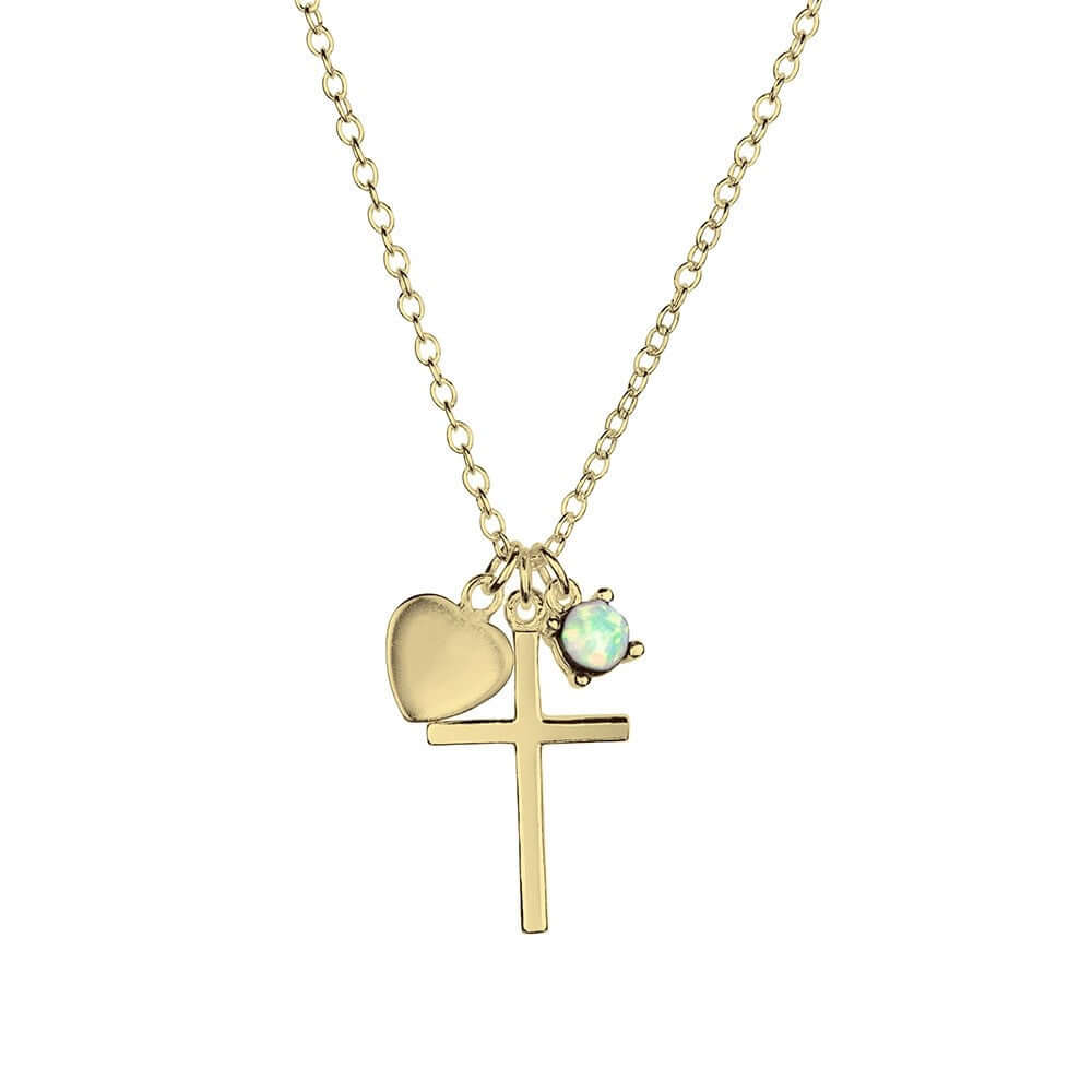Sterling Silver Gold Plated Heart Cross Opal Set Necklace