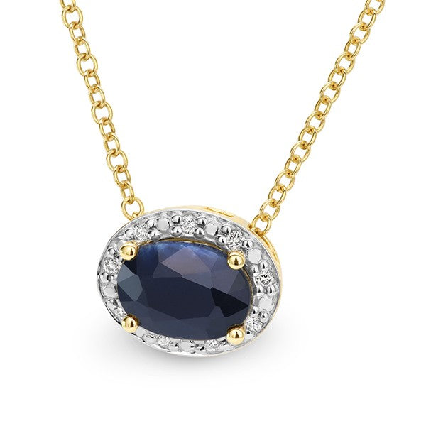 9K Yellow Gold Sapphire and Diamond Halo Pendant