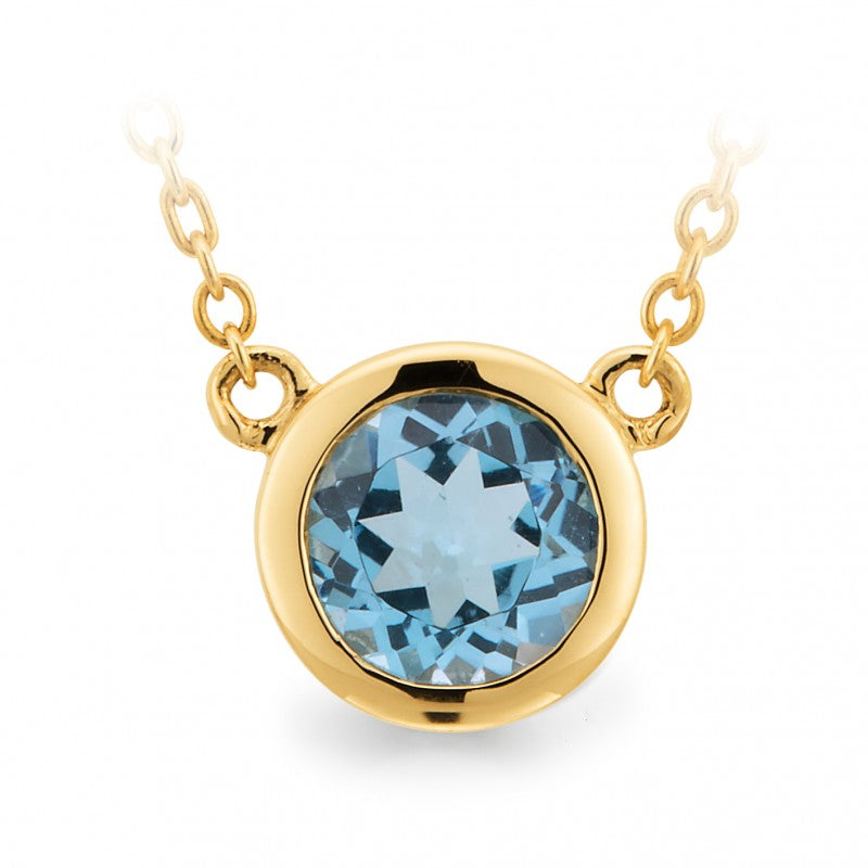 9KY Gold Blue Topaz 5mm Bezel Set Necklace